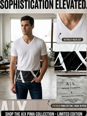 Armani Exchange White V-Neck Tee with Black Graphic Hem Panel
